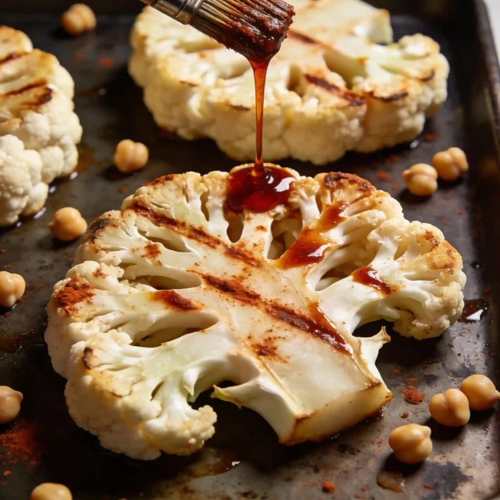 Brushing a deeply savory, smoked paprika cauliflower steak marinade over thick cuts of raw vegetables.