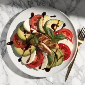 High-resolution overhead shot of a gourmet caprese salad featuring seared chicken breast, sliced avocado, heirloom tomatoes, and mozzarella pearls in a dark ceramic bowl.