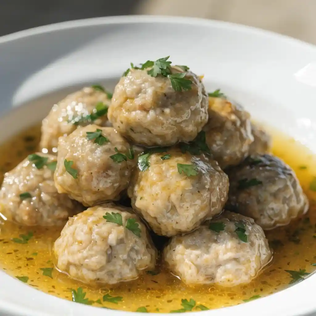 A bowl of chicken meatballs in a yellow turmeric broth.