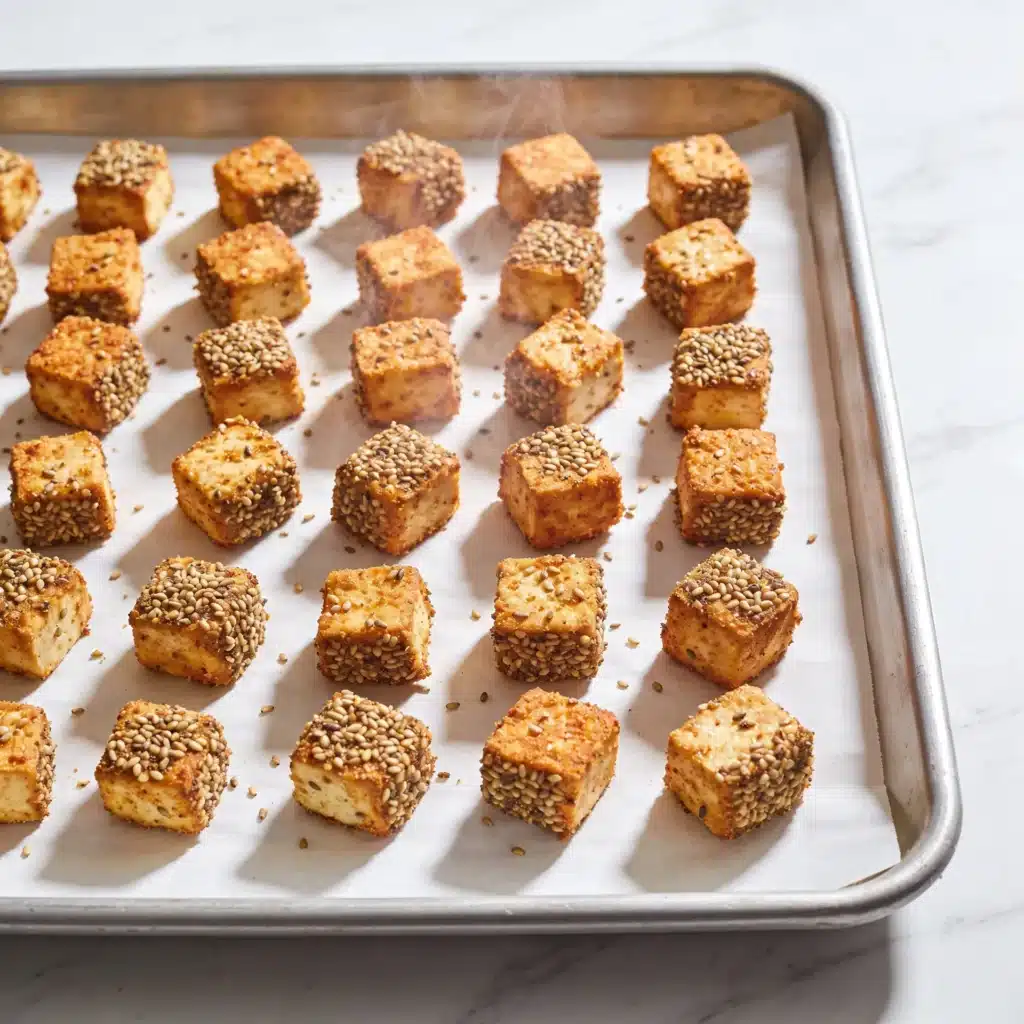 Golden, beautifully toasted crispy baked tofu without cornstarch resting on a parchment-lined baking sheet.
