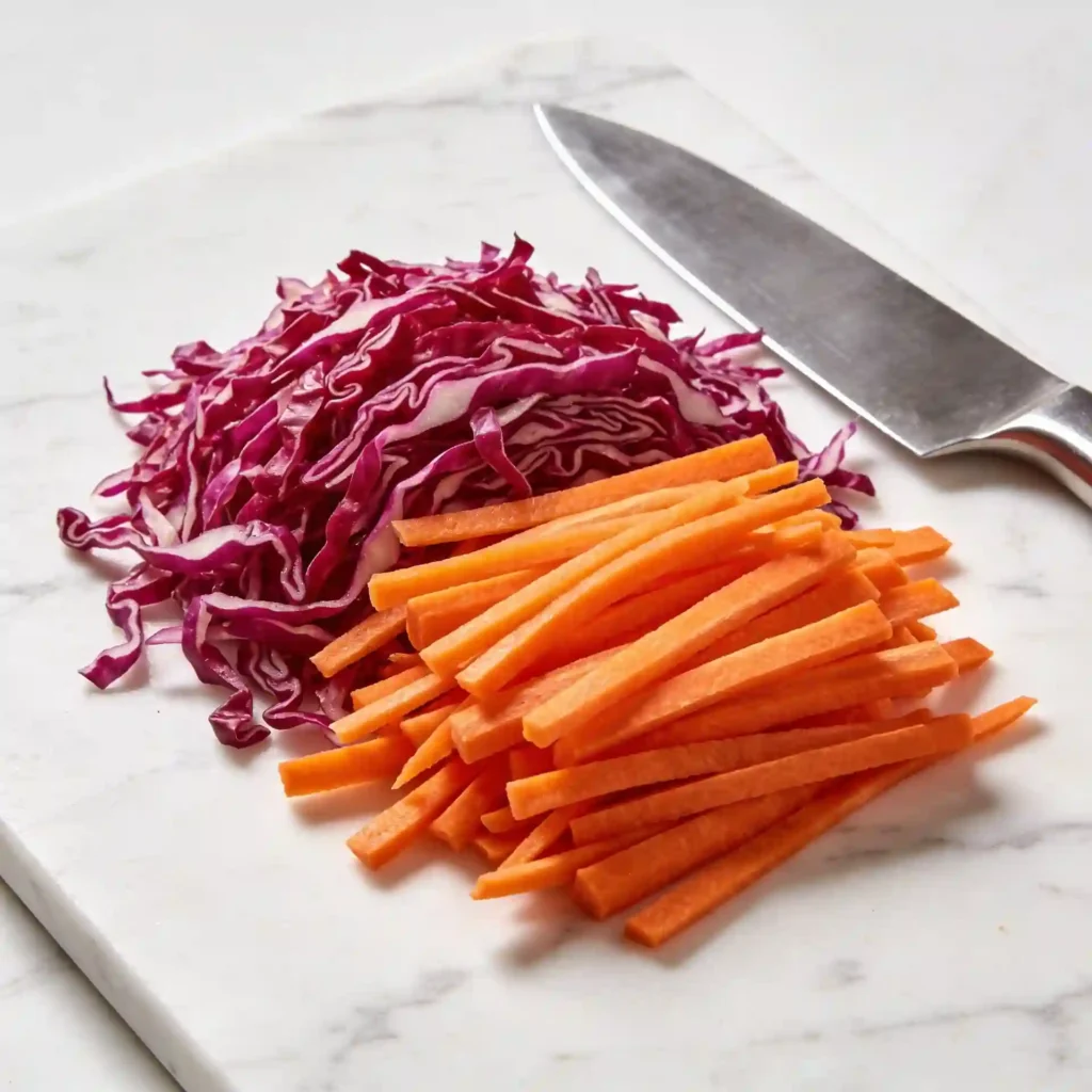 Finely shredded red cabbage and carrots prepped for a crunchy edamame salad with peanut dressing.