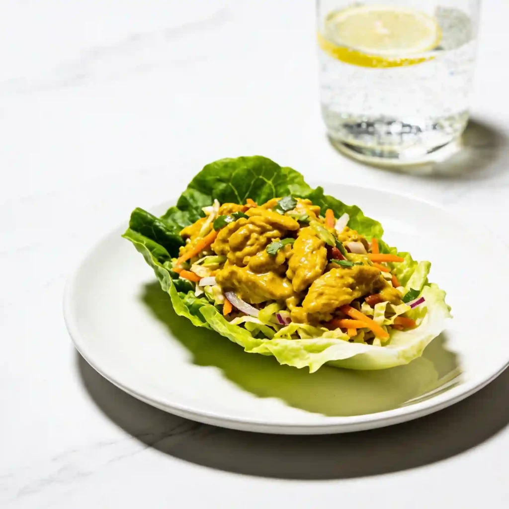 A close-up of a curry chicken salad lettuce wrap on a white plate, positioned next to a glass of lemon water on a clean white marble desk.