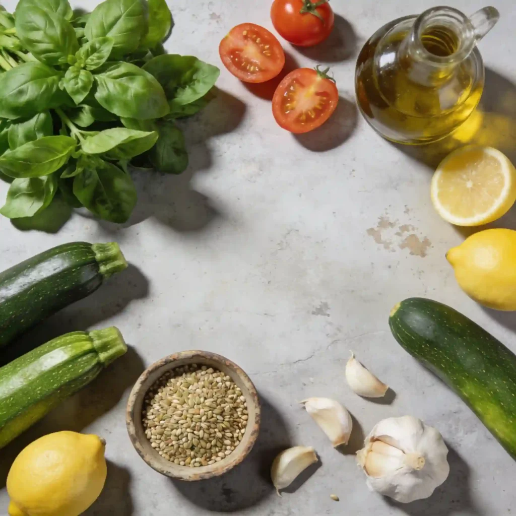 Fresh whole-food ingredients for making a dairy free pesto pasta including fresh basil, zucchini, and hemp seeds.