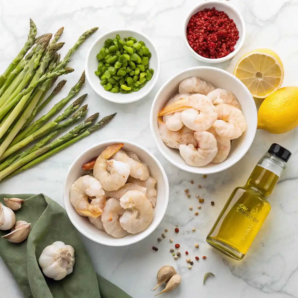 Raw ingredients for an easy shrimp and asparagus recipe spread on a marble surface.