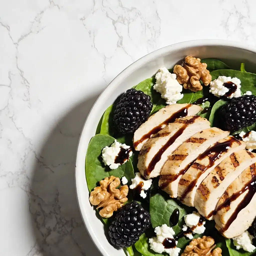 A final plated presentation of the healthy blackberry and goat cheese salad.