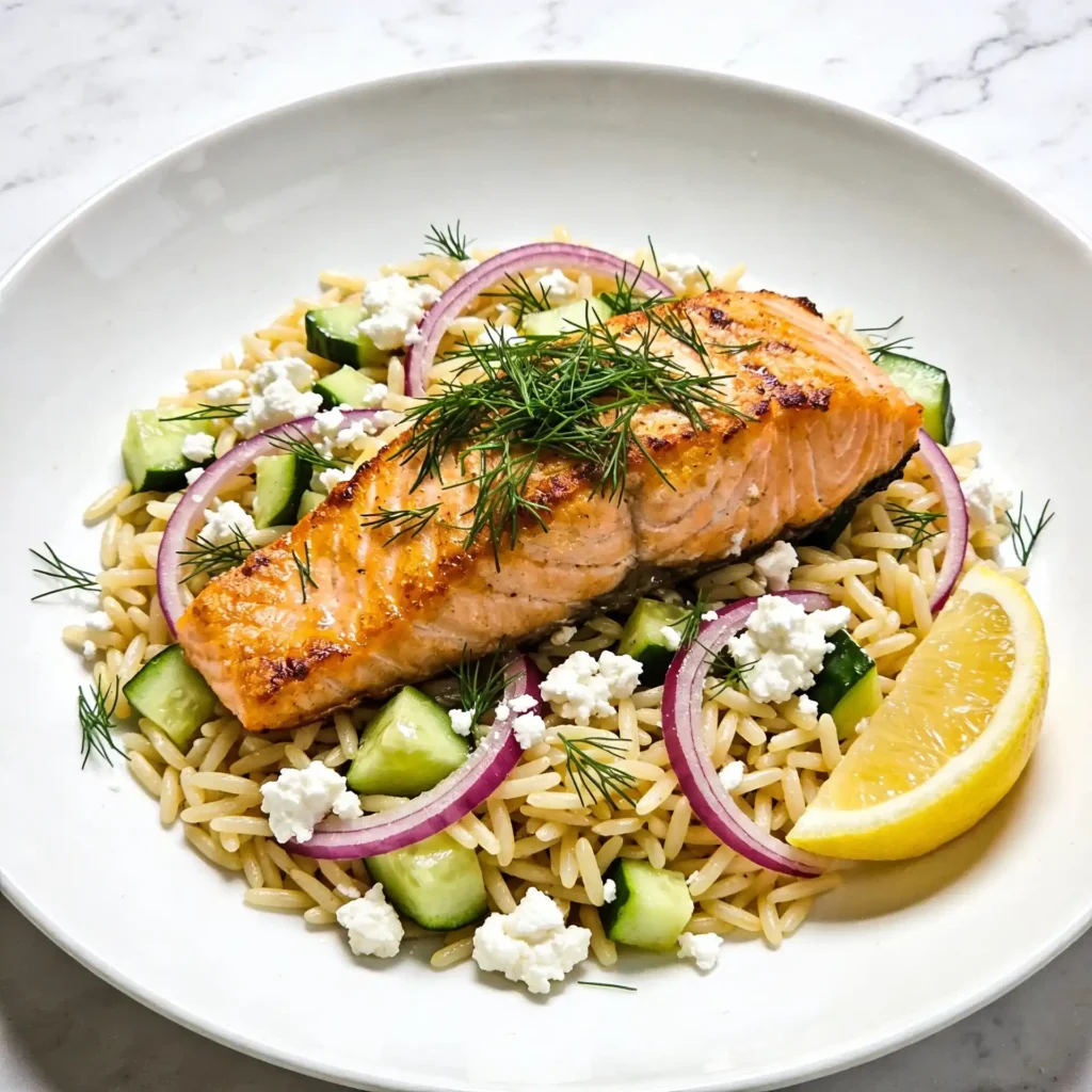 A final plated presentation of the healthy Mediterranean salmon orzo salad.