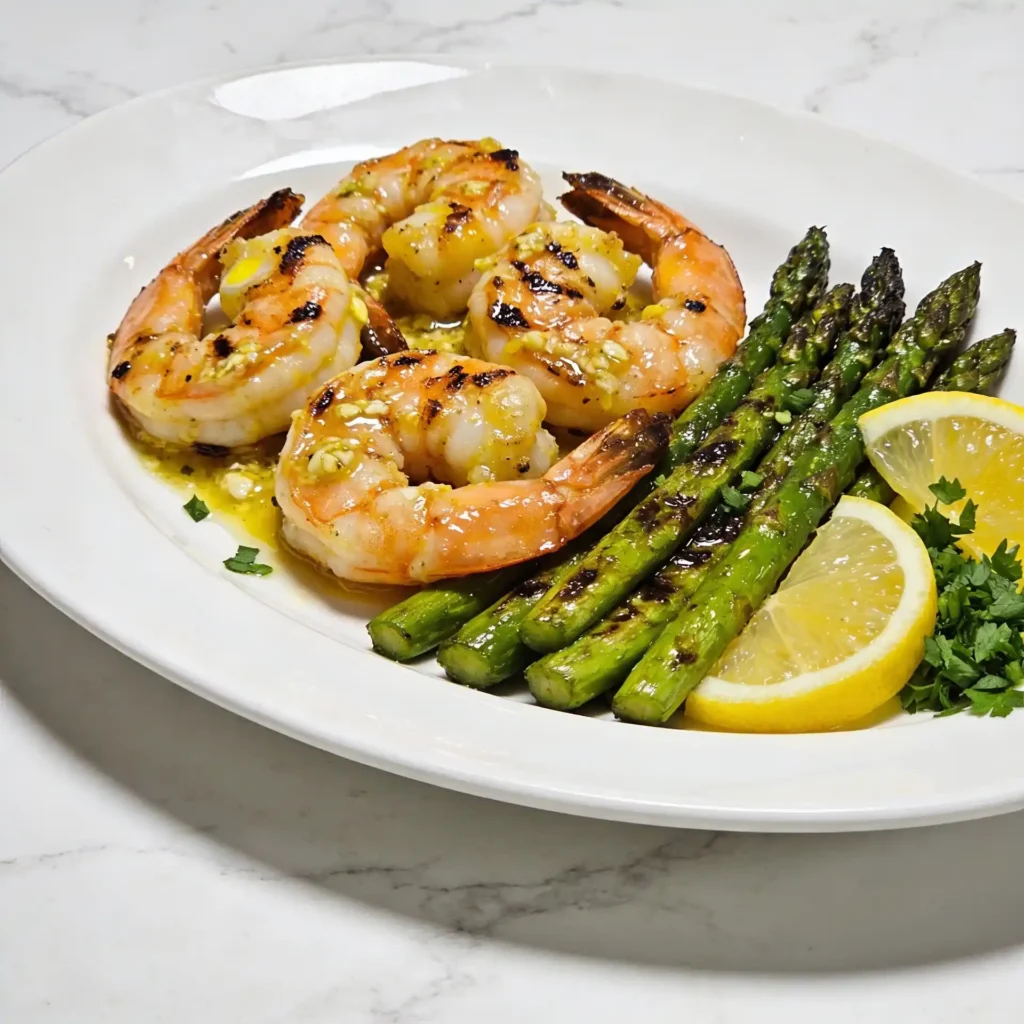 A final plated presentation of the healthy shrimp and asparagus skillet dinner.