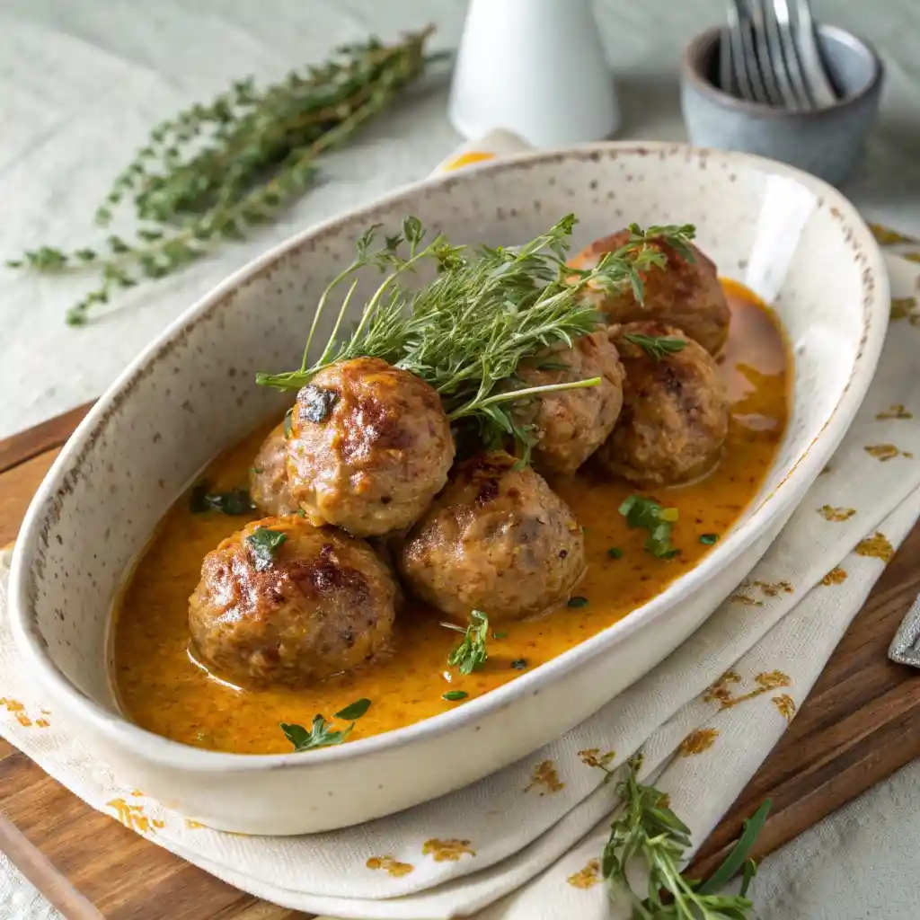 A final plated presentation of the healthy turkey meatballs with golden sauce.