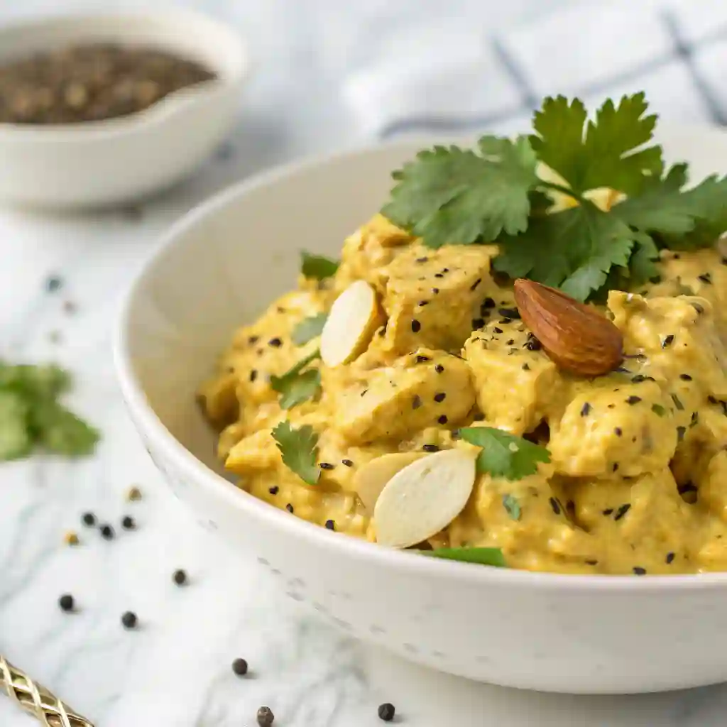 Extreme close-up of a bite of curry chicken salad on a lettuce wrap, highlighting the creamy sauce, chicken texture, and fresh cilantro.