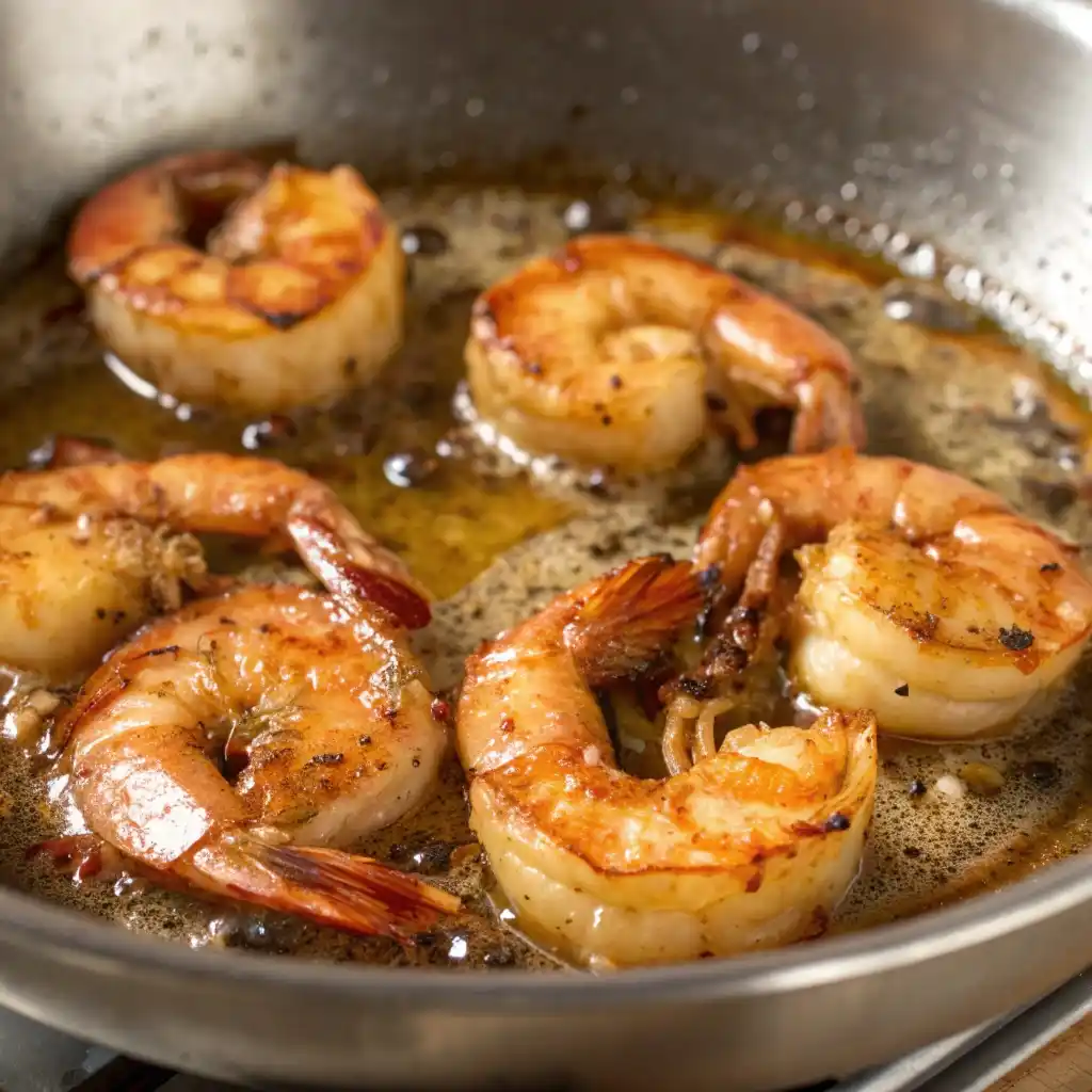 Jumbo shrimp searing in a hot skillet with garlic and red pepper flakes.