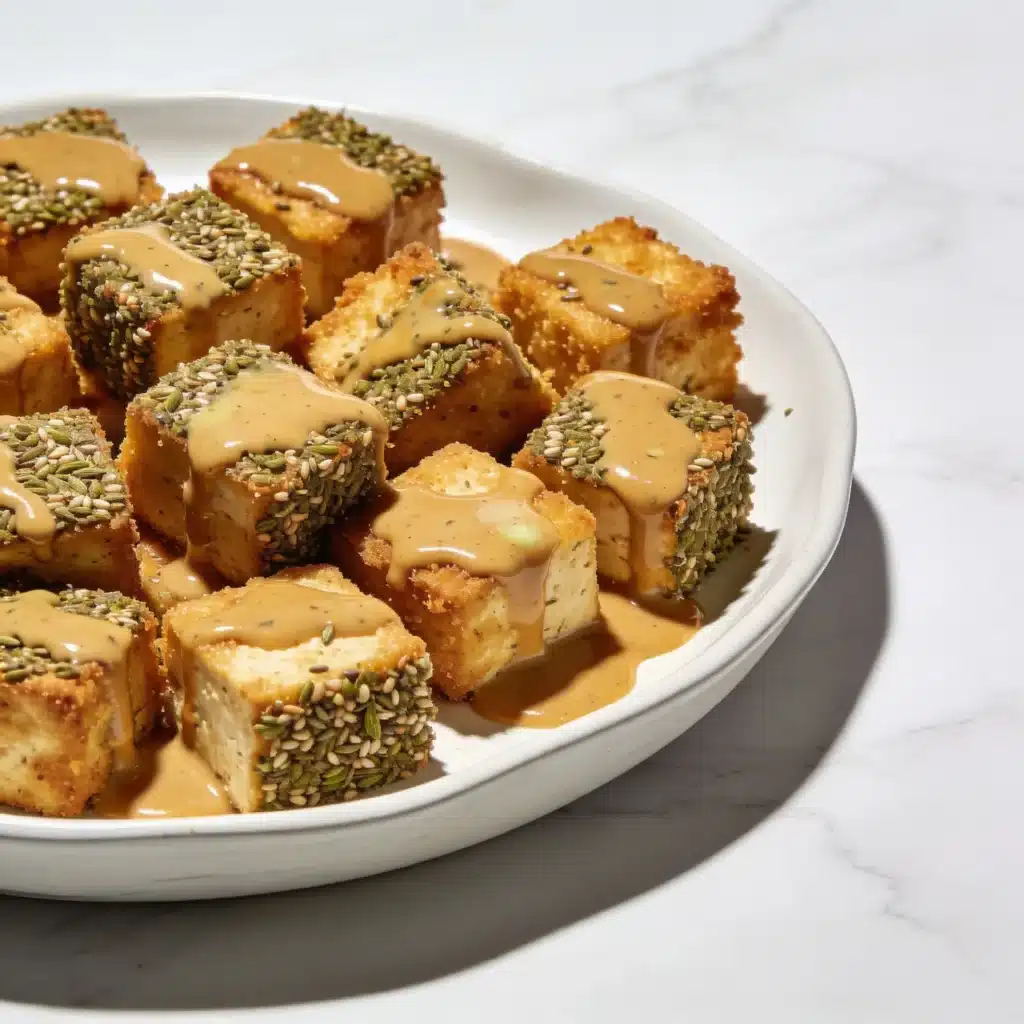 A large, beautiful serving platter filled with hot, crispy gluten free breaded tofu ready to be enjoyed.