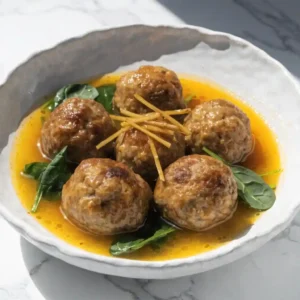 A bowl of turkey meatballs simmering in a vibrant yellow turmeric bone broth with spinach.