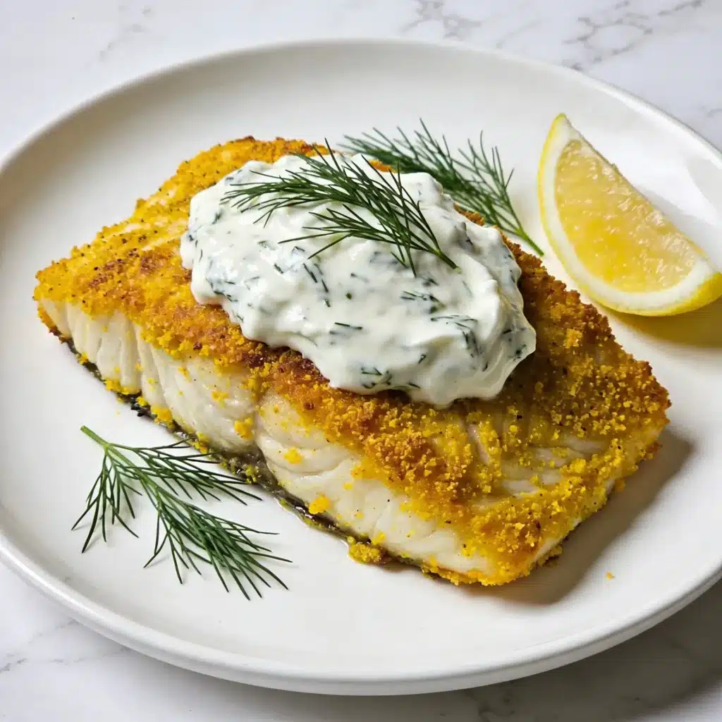Turmeric lemon cod topped with a dollop of herb-infused Greek yogurt.