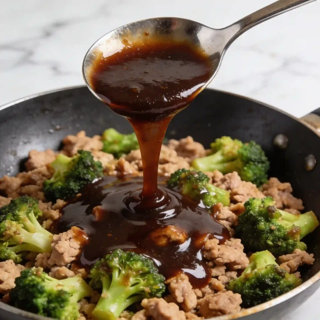 Pouring a glossy, thick coconut aminos reduction to create a gut healthy stir-fry sauce.