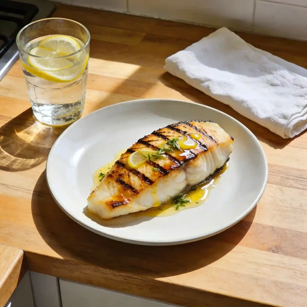 A healthy halibut dinner served on a sunlit table to support thyroid health and metabolism.