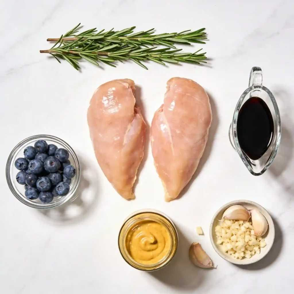 Raw ingredients for making a healthy balsamic chicken marinade including fresh blueberries, aged balsamic vinegar, and herbs.