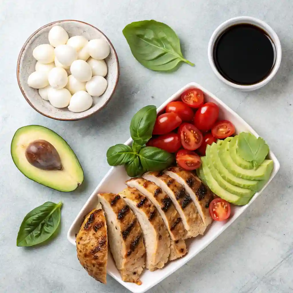 An organized overhead knolling layout of grilled chicken, avocado, cherry tomatoes, mozzarella, basil, and balsamic glaze on a grey surface.