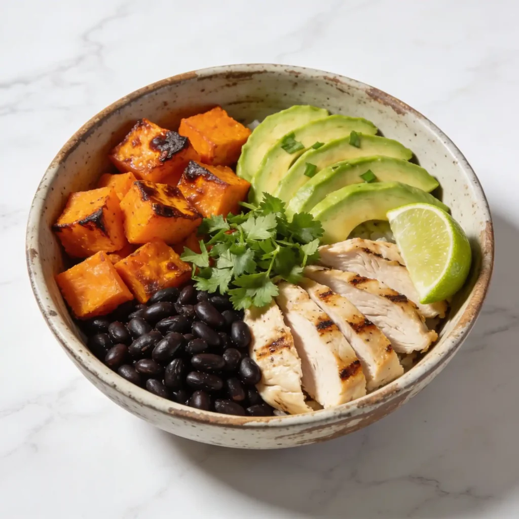 A professional high-angle view of a healthy black bean power bowl on a sunlit table.