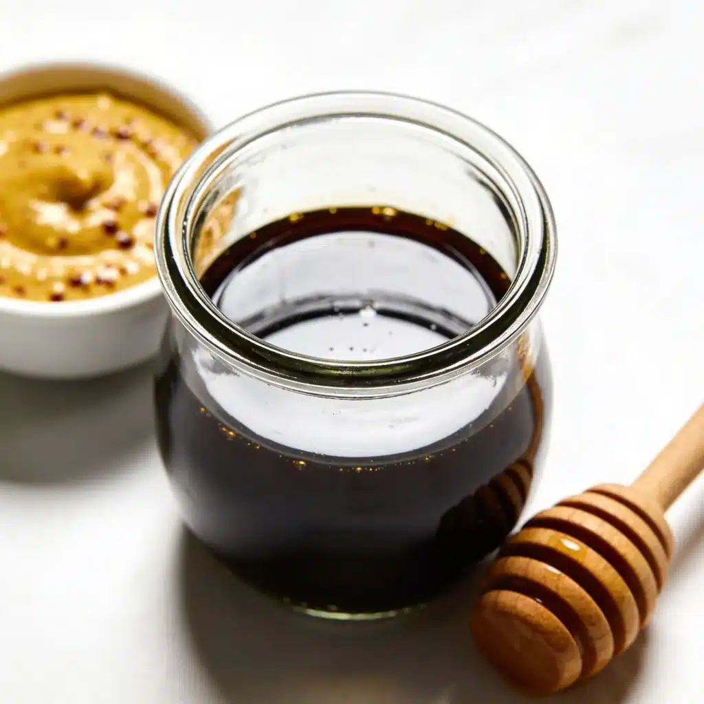 A thick balsamic and honey dressing in a glass jar.