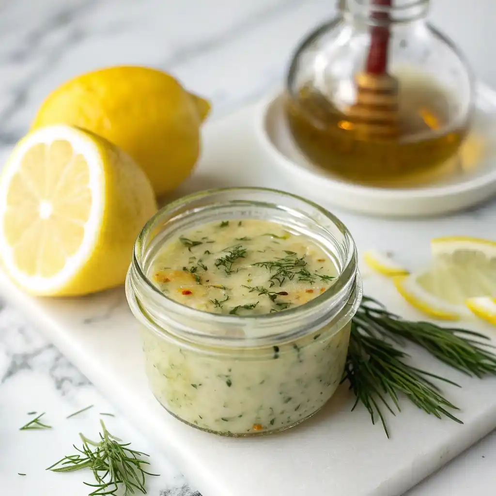 A clear lemon and dill vinaigrette in a jar for a Mediterranean salad.