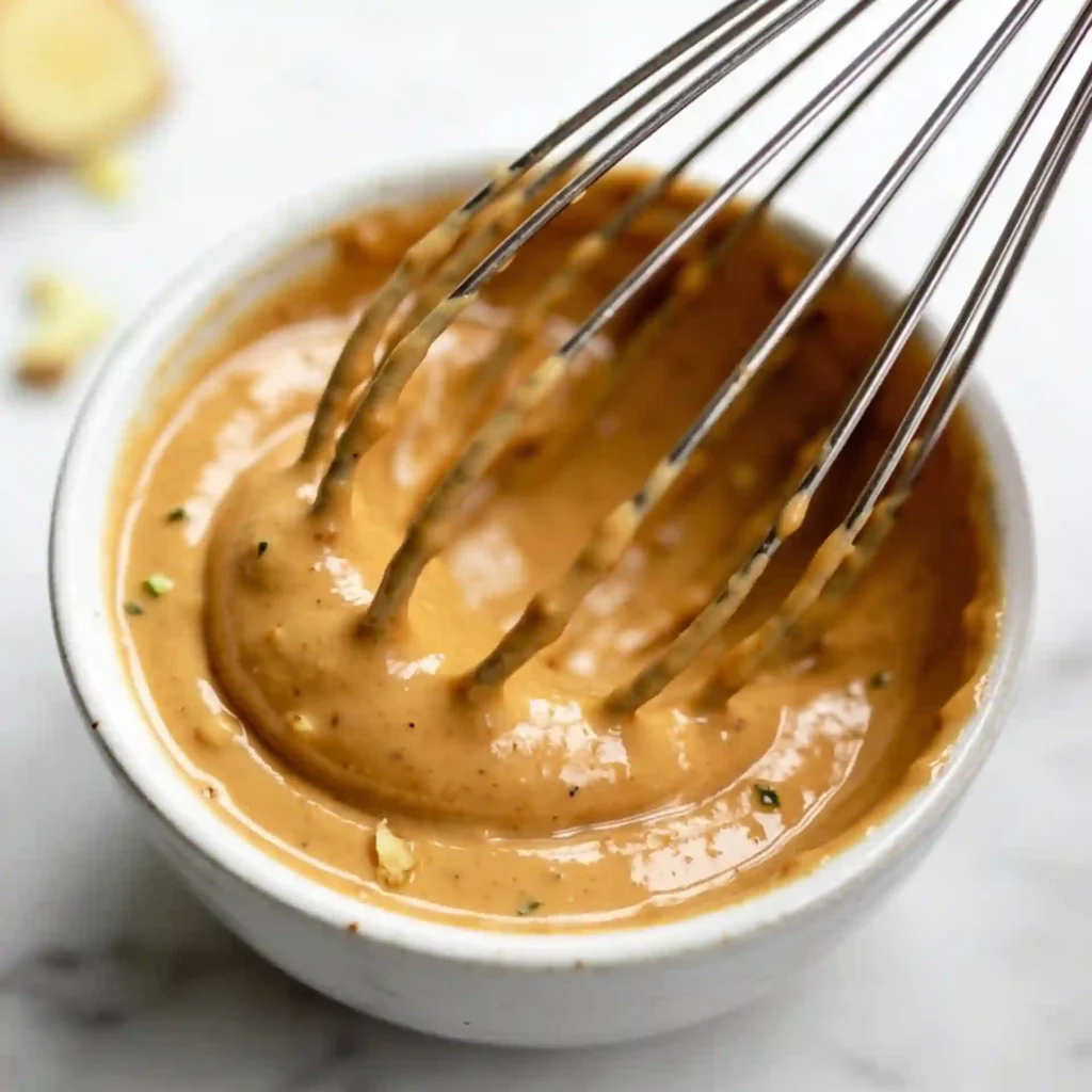 Whisking a creamy, ginger-infused healthy peanut dressing recipe in a white bowl.