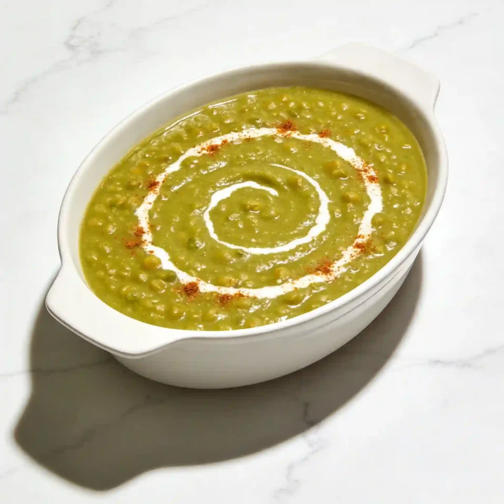 A large, beautiful serving tureen filled with hot, healthy split pea soup ready to be enjoyed.