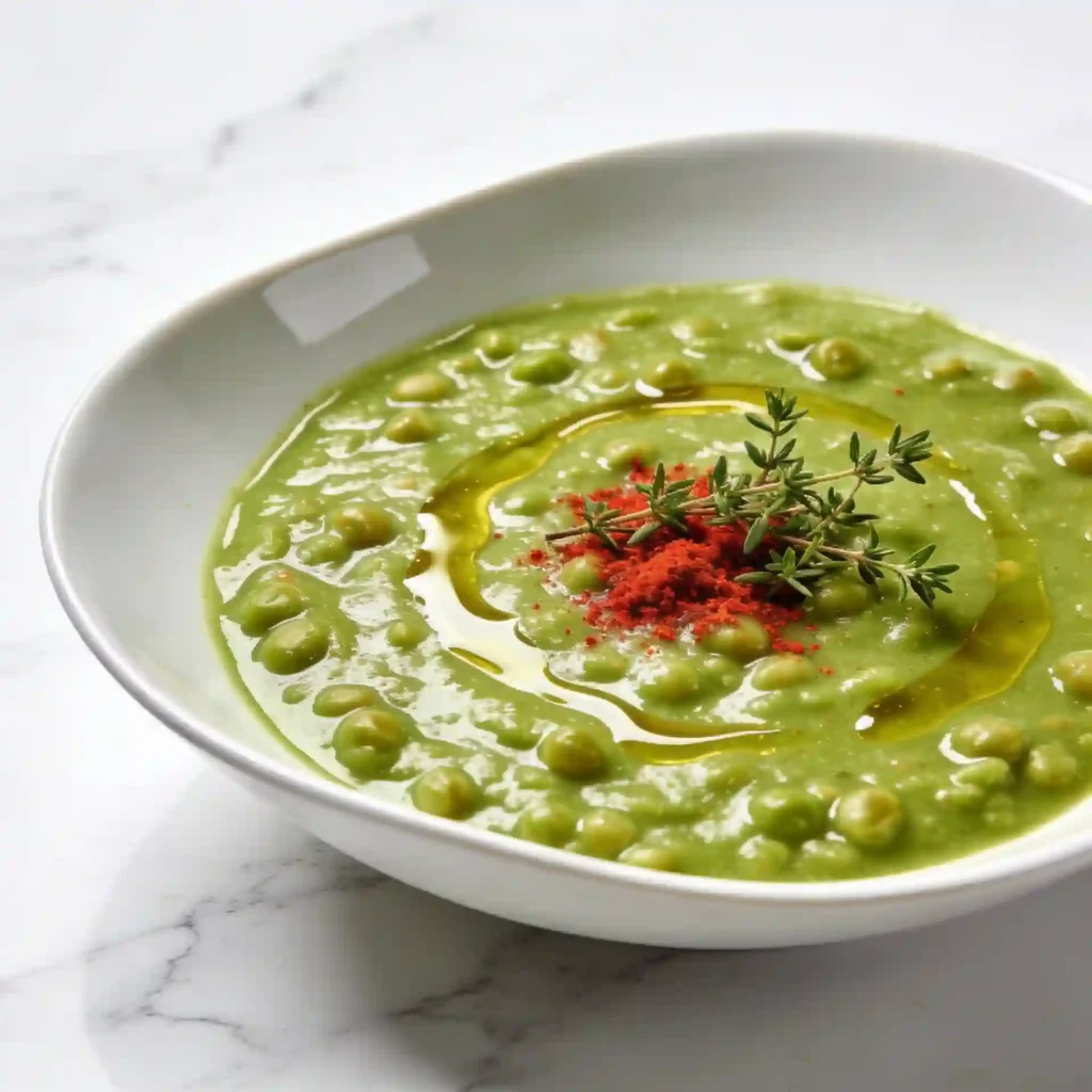 A comforting bowl of healthy split pea soup showcasing its rich, high-fiber, velvety texture.