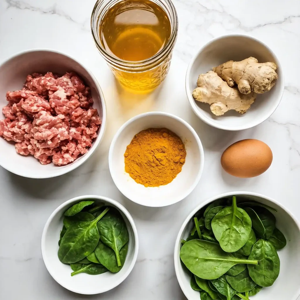 Raw ingredients for high protein turkey meatballs spread on a marble surface.