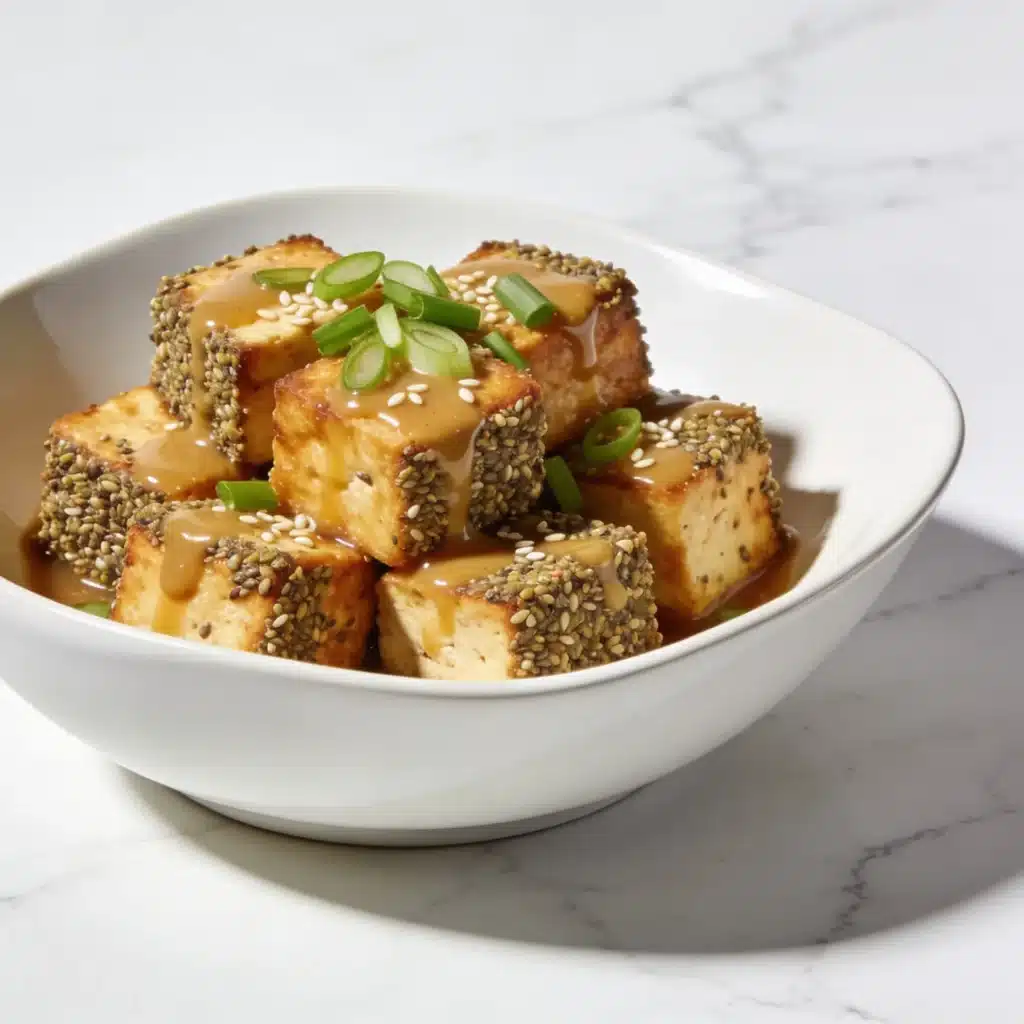 A white bowl featuring golden, crispy Hemp Crusted Tofu drizzled with a glossy miso ginger glaze.