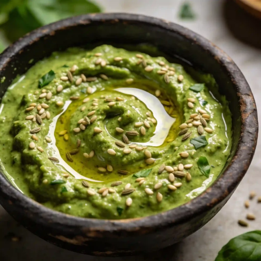 A vibrantly green, freshly blended hemp seed pesto recipe inside a rustic ceramic bowl.