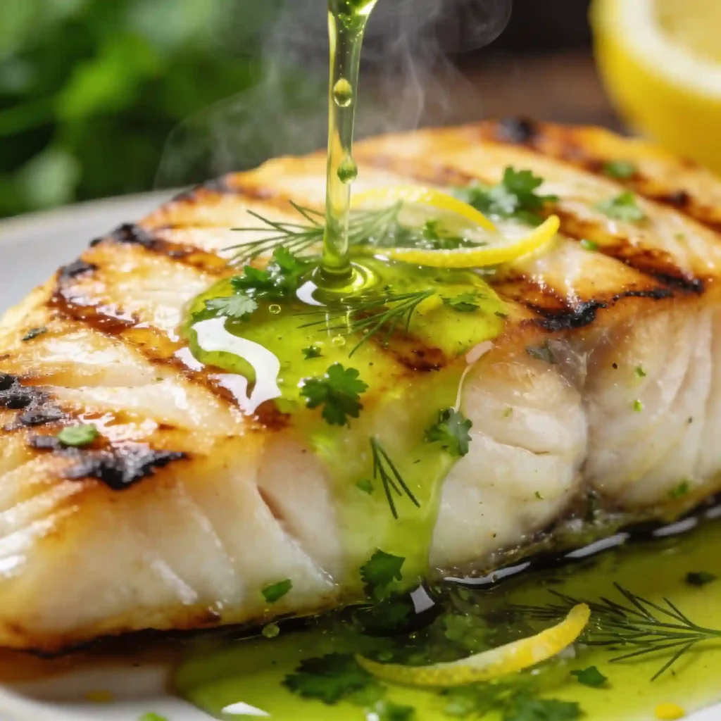 Fresh herb oil being drizzled over a perfectly cooked halibut fillet for extra flavor.
