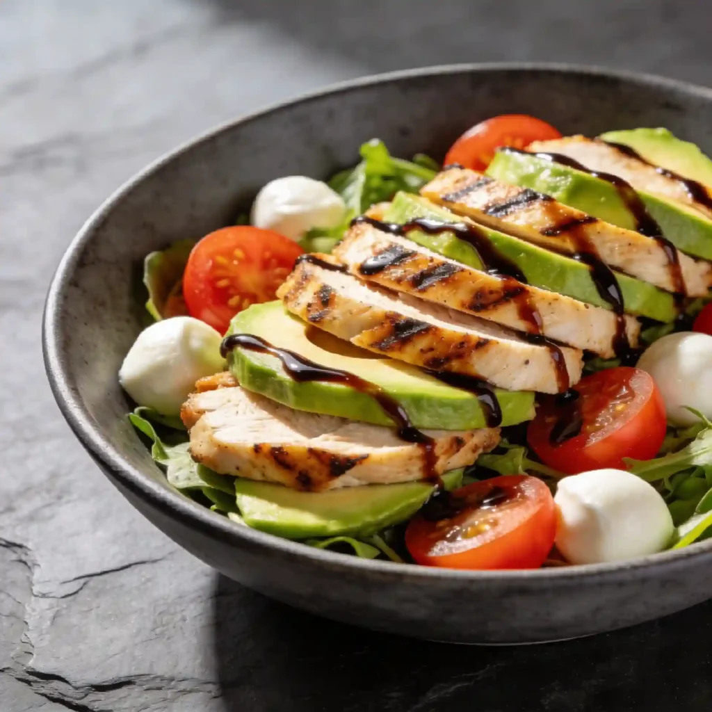 Close-up 45-degree view of a chicken and avocado salad focusing on the generous portions of protein and healthy fats for maximum satiety.