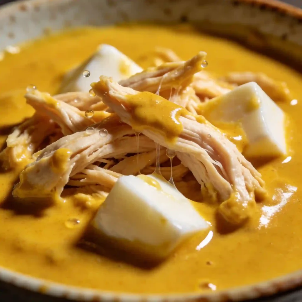 Shredded chicken and diced egg whites being tossed in vibrant yellow curry sauce.