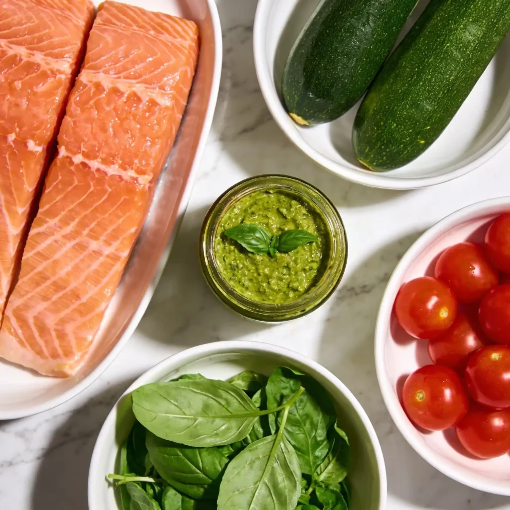 Raw ingredients for sheet pan pesto salmon spread on a marble surface.