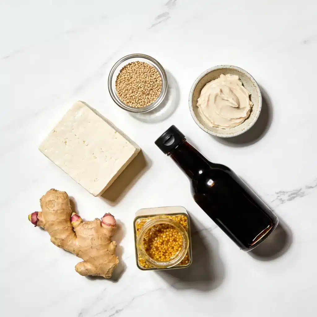 Fresh, clean ingredients for making a high protein vegan dinner including tofu, hemp seeds, and miso.