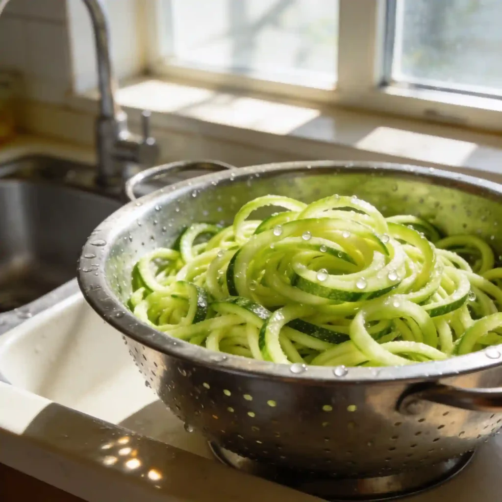 Wringing out zucchini in a towel to show exactly how to cook zoodles without getting soggy.