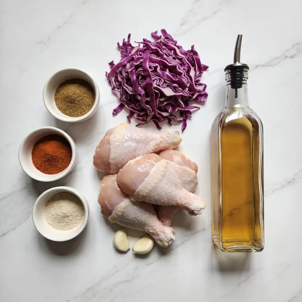 Raw ingredients for cumin chicken including spices and cabbage on a marble surface.