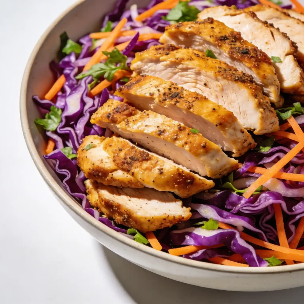 A large portion of cumin chicken and slaw illustrating volume eating benefits.