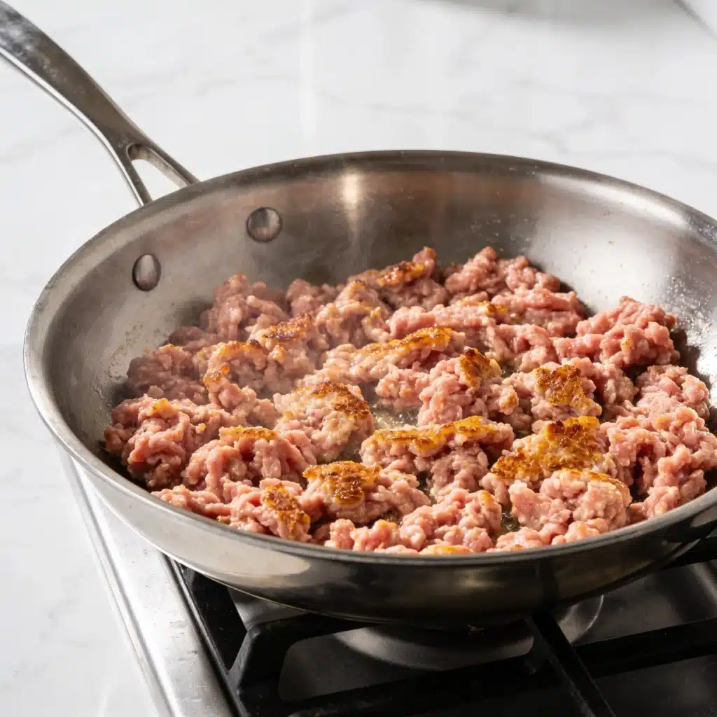 High-heat searing of poultry for a low carb turkey stir-fry with vegetables.