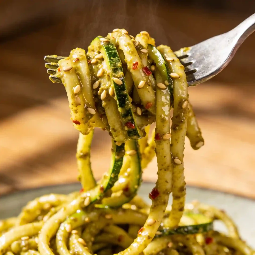 A close-up of a fork holding perfectly textured, non-watery low carb zucchini noodle recipes.