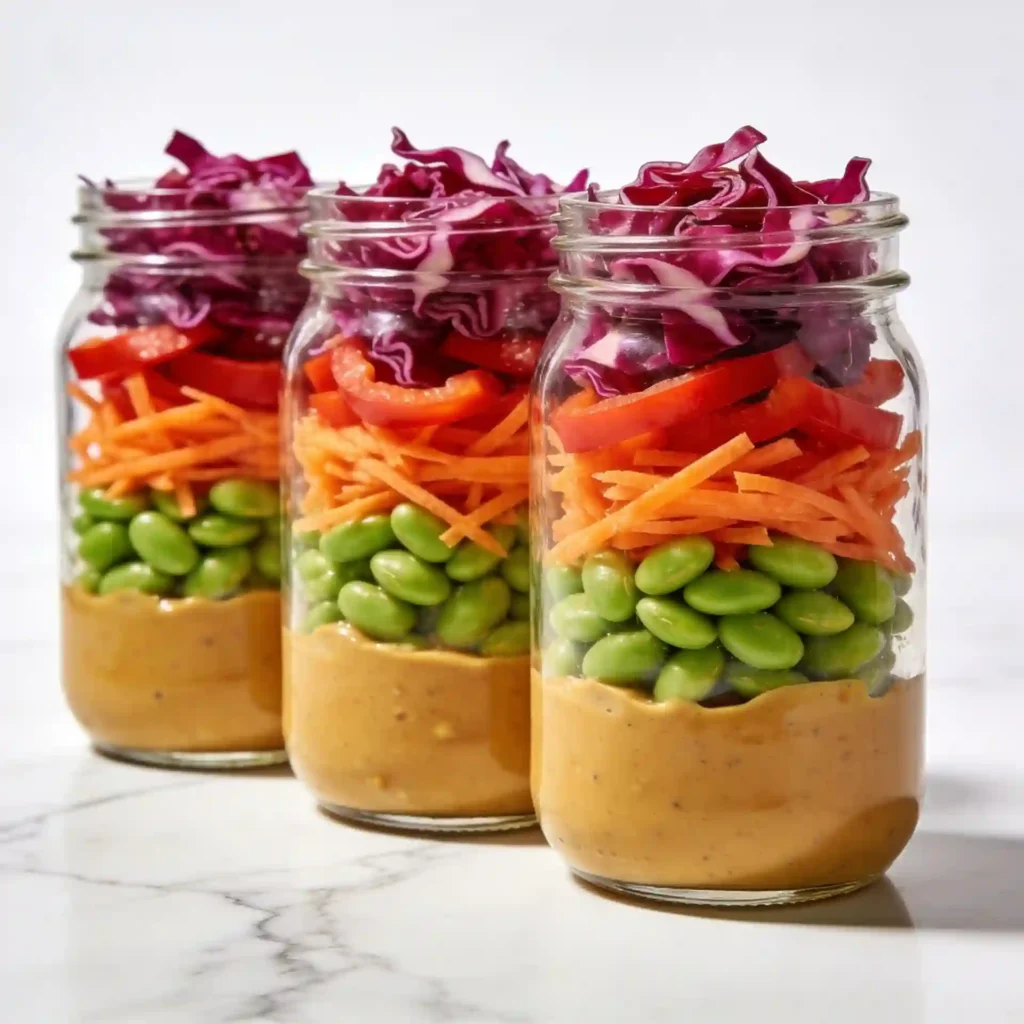 Beautifully layered mason jars perfect for a make-ahead plant based lunch.