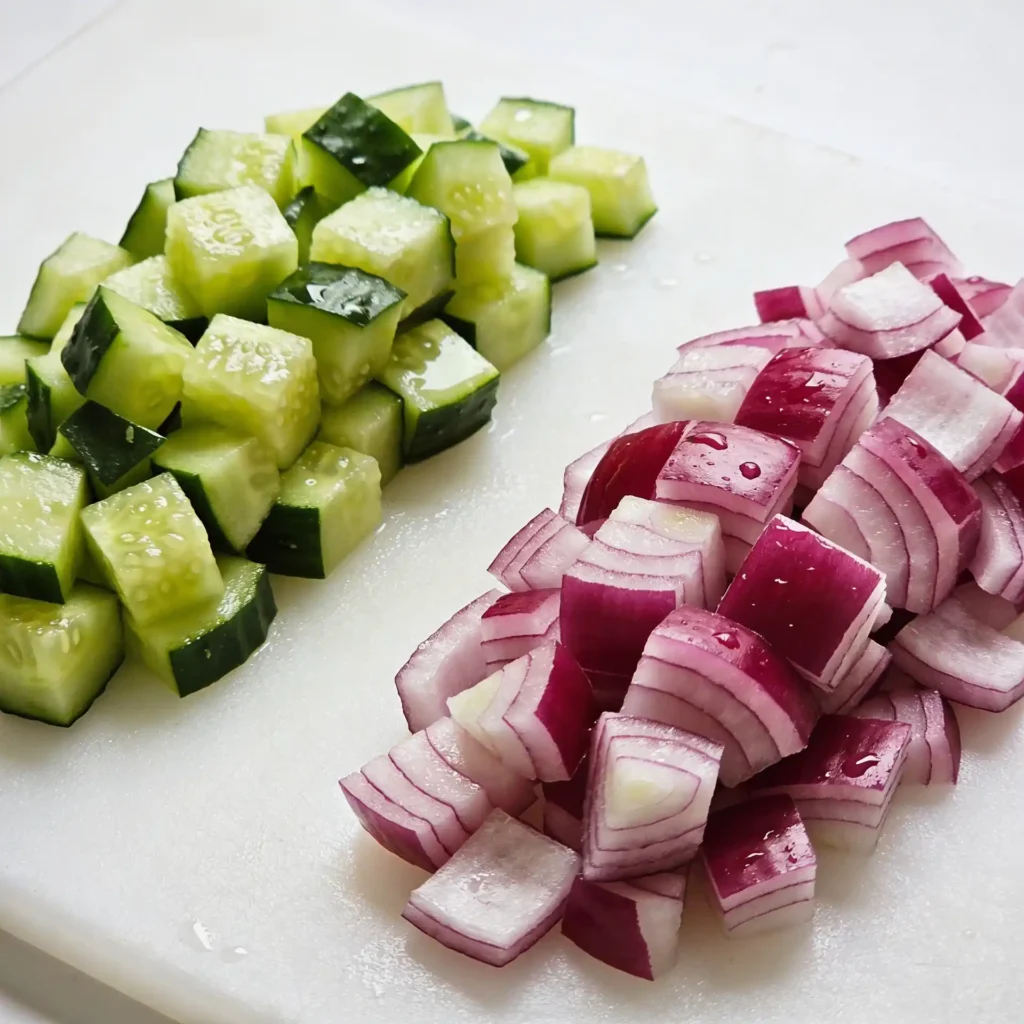 Diced cucumbers and red onions on a white cutting board.