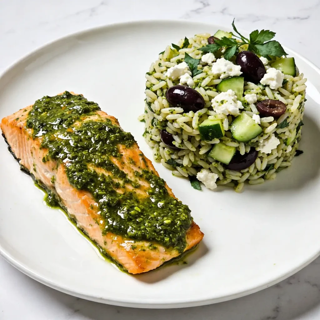 Pesto salmon served with a side of high protein Greek orzo salad.