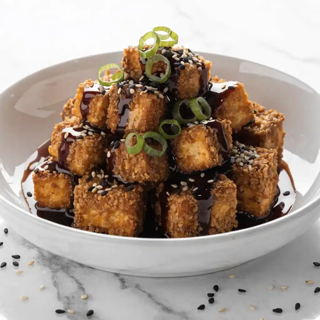 A comforting bowl of Hemp Crusted Tofu showcasing its high-fat, brain-boosting seed crust.