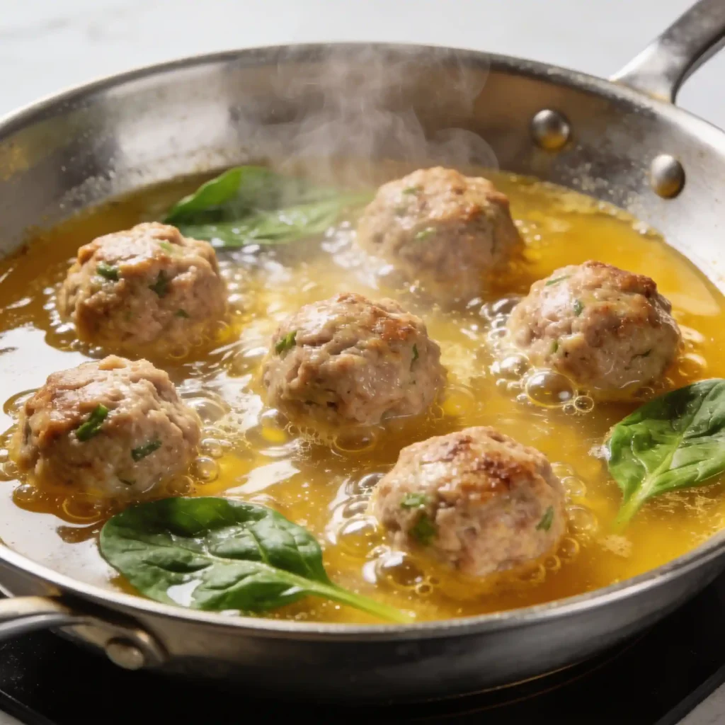Turkey meatballs simmering gently in a yellow turmeric broth skillet.