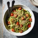 A large, beautiful serving bowl filled with raw pesto zoodles ready to be enjoyed as a quick weeknight dinner.
