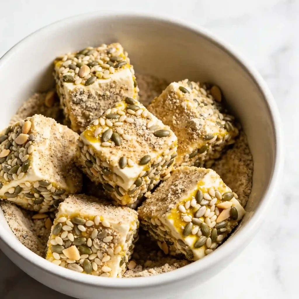 Tofu cubes being generously coated in a crust made of raw shelled hemp seeds and spices.