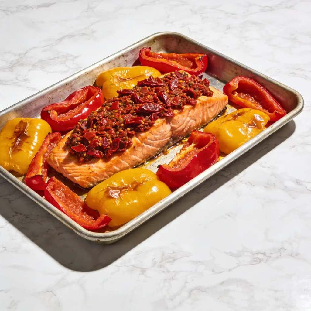 A salmon fillet variation topped with red sun-dried tomato pesto.