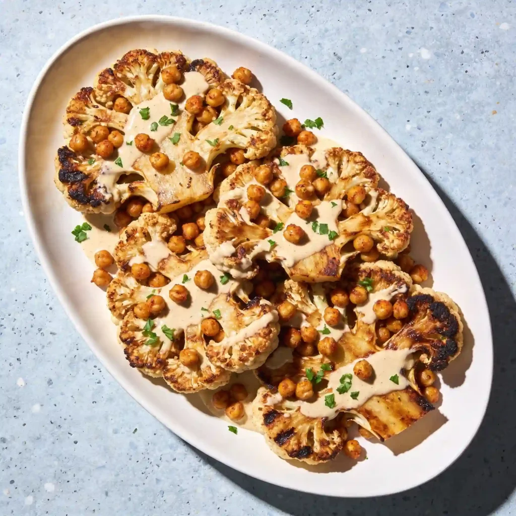 A large, beautiful serving platter filled with hot, caramelized roasted cauliflower and chickpeas ready to be enjoyed.