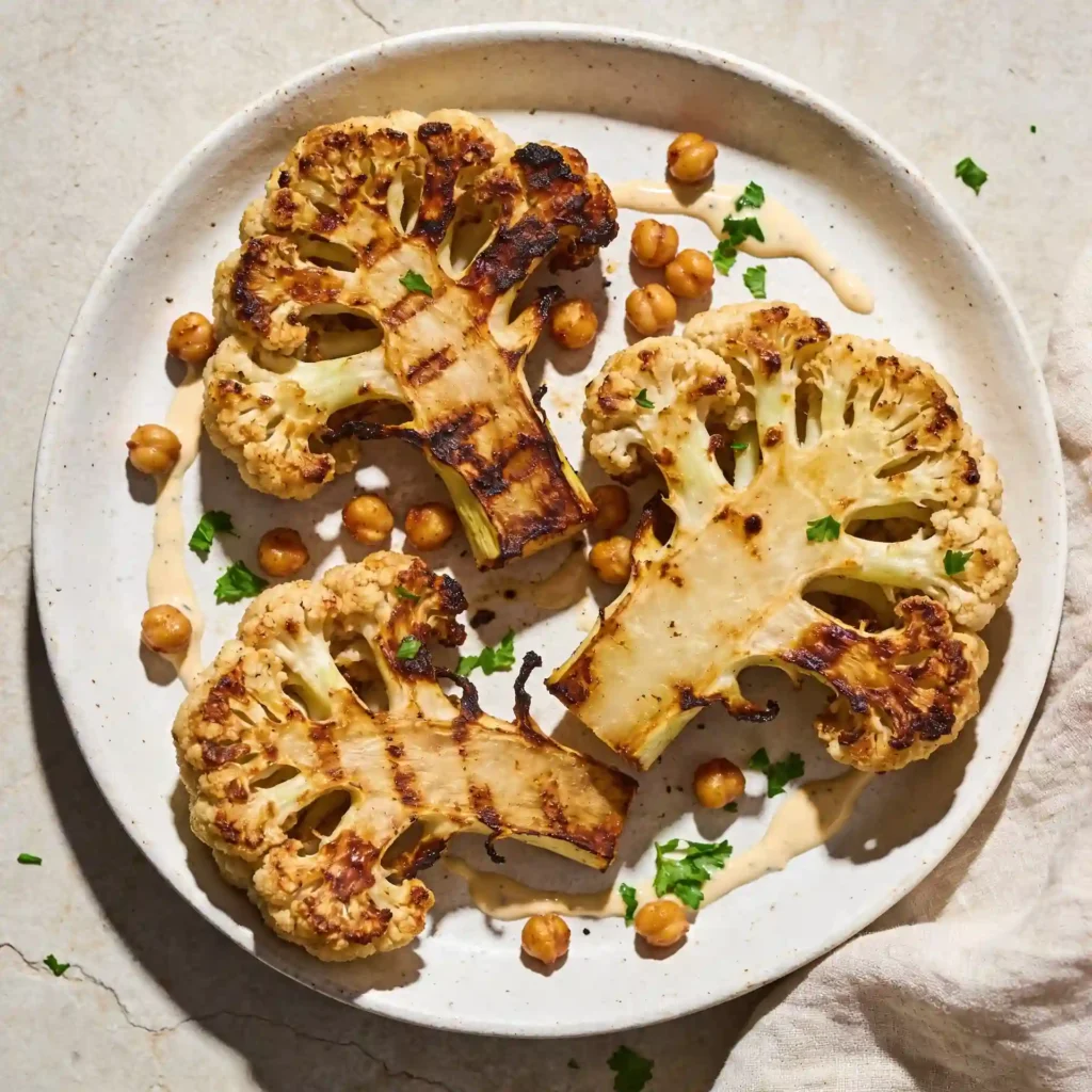 A white plate featuring a deeply caramelized Roasted Cauliflower Steak topped with chickpeas, tahini, and pomegranate seeds.